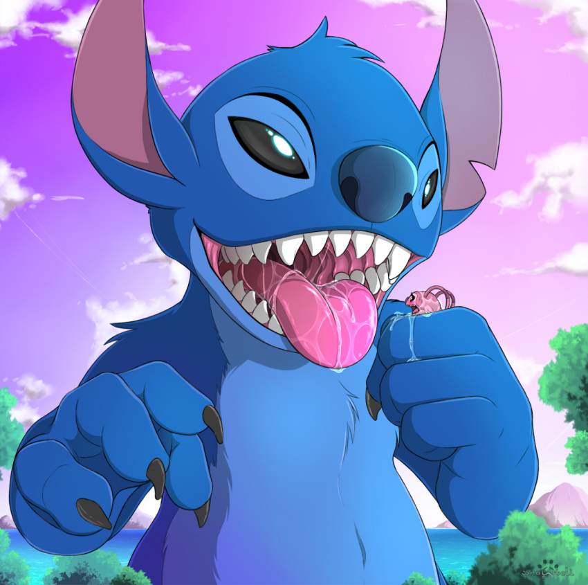 2018 4_fingers alien angel_(lilo_and_stitch) antennae_(anatomy) black_claws black_eyes blue_fur blue_nose blush chest_tuft claws detailed_background digital_media_(artwork) disney duo experiment_(species) fur head_tuft holding_character imminent_vore lilo_and_stitch macro mountain notched_ear open_mouth open_smile outside pink_body purple_nose s2-freak saliva sea smile standing stitch tuft vore water