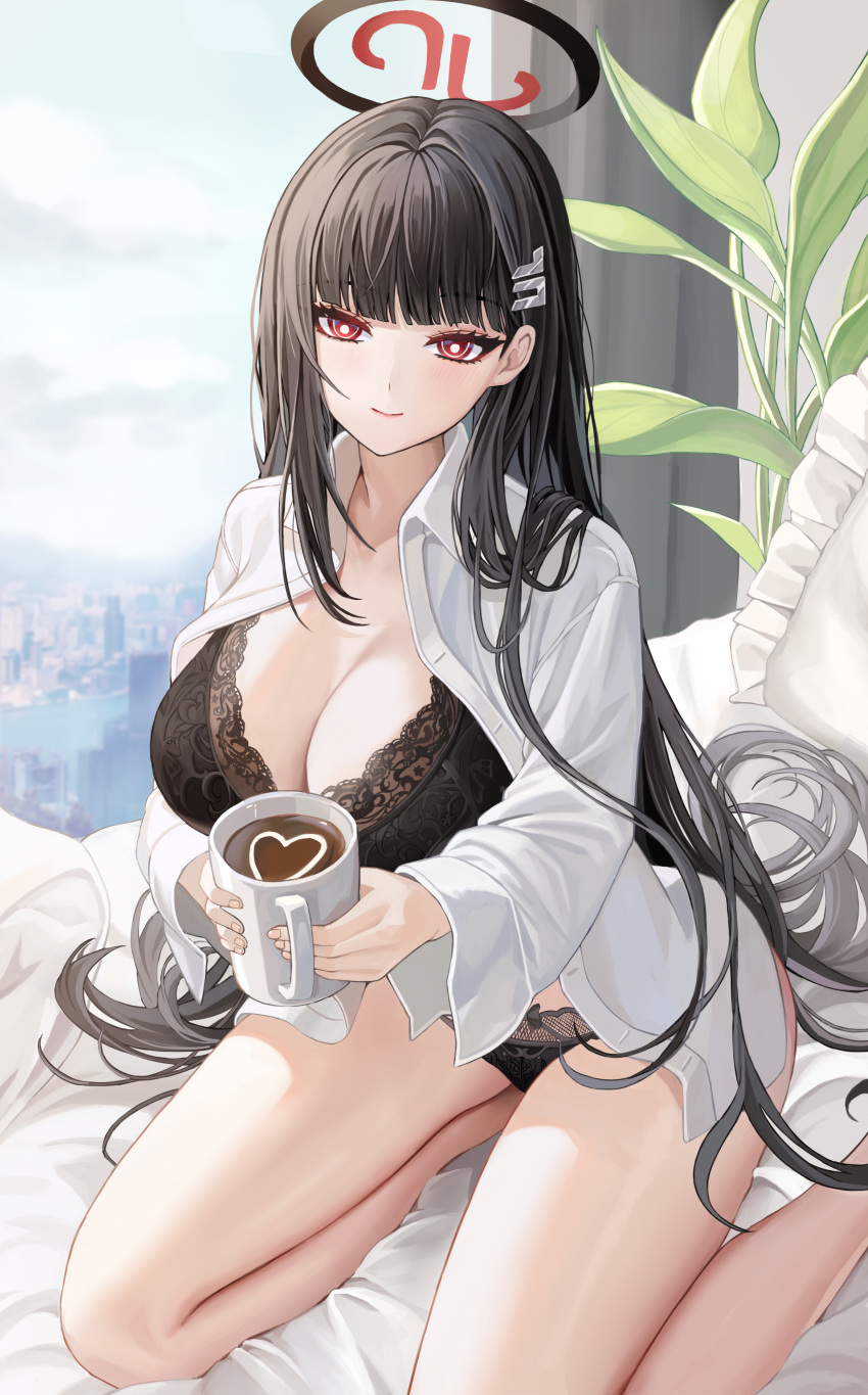 1girl absurdres bed bed_sheet black_hair black_halo black_panties blue_archive blunt_bangs bra breasts bright_pupils coffee_mug collared_shirt commentary cup hair_ornament hairclip halo highres holding holding_cup kneeling lace-trimmed_bra lace-trimmed_panties lace_trim large_breasts lingerie long_hair long_sleeves looking_at_viewer mizurin morning mug on_bed panties pillow red_eyes rio_(blue_archive) shirt solo underwear very_long_hair white_pupils