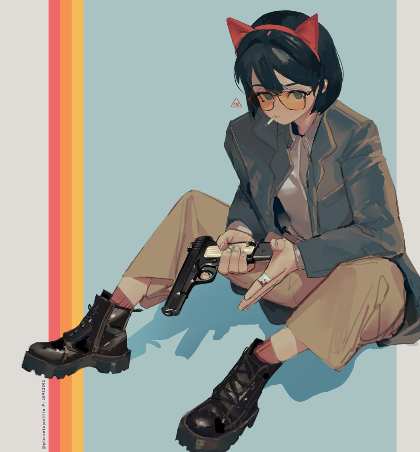 1girl absurdres animal_ears ankle_boots bandage_on_finger bandages black_hair blazer blue_background bob_cut boots brown_pants cat_ear_hairband cat_ears cigarette collared_shirt dress_shirt grey_eyes grey_jacket gun handgun highres holding holding_gun holding_weapon jacket leather leather_boots open_clothes open_jacket orange-tinted_eyewear original pants platform_footwear polilla popped_collar red_socks reloading shirt simple_background sitting smoking socks solo striped striped_background sunglasses tinted_eyewear tokarev_tt-33 weapon white_shirt zipper