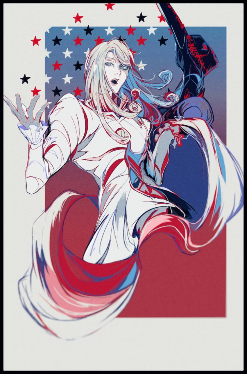 1boy :o american_flag blue_background border coat cropped_torso curly_hair dirty_deeds_done_dirt_cheap frilled_sleeves frills funny_valentine gradient_background grey_hair highres holding holding_cloth jojo_no_kimyou_na_bouken limited_palette long_hair long_sleeves looking_at_viewer male_focus mizudama outside_border red_background solo stand_(jojo) steel_ball_run w_arms white_border white_coat