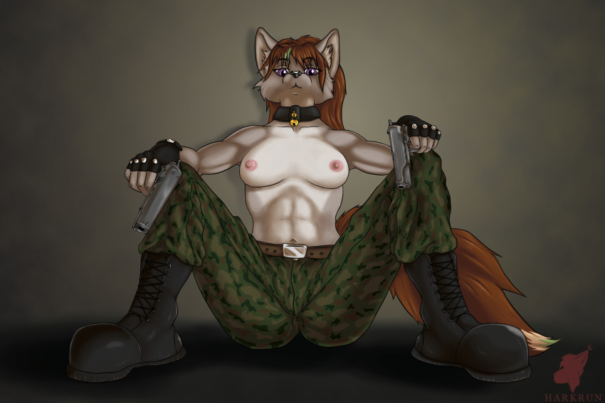 abs athletic breasts cammo clare_tavin clothed clothing collar female gun handgun harkrun hi_res looking_at_viewer military muscular nipples pistol ranged_weapon sitting solo spread_legs spreading topless weapon