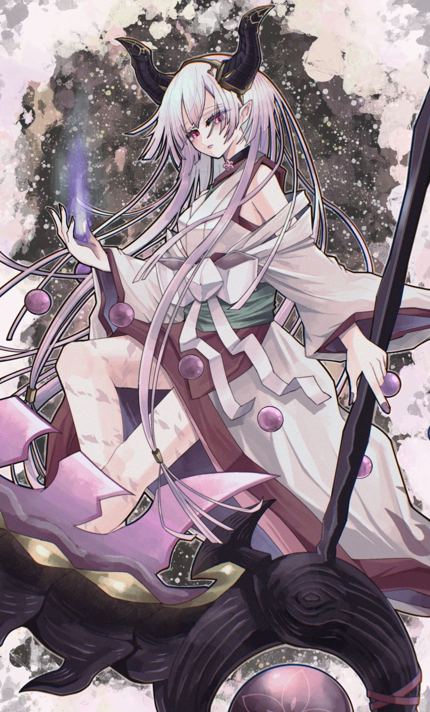 1girl absurdres bare_shoulders demon_horns detached_sleeves duel_monster fire highres holding holding_scythe horns japanese_clothes kimono long_hair long_sleeves pink_eyes purple_fire purple_nails red_blossoms_from_underroot scythe solo tamatarou terrors_of_the_netherroot very_long_hair white_hair wide_sleeves yu-gi-oh!