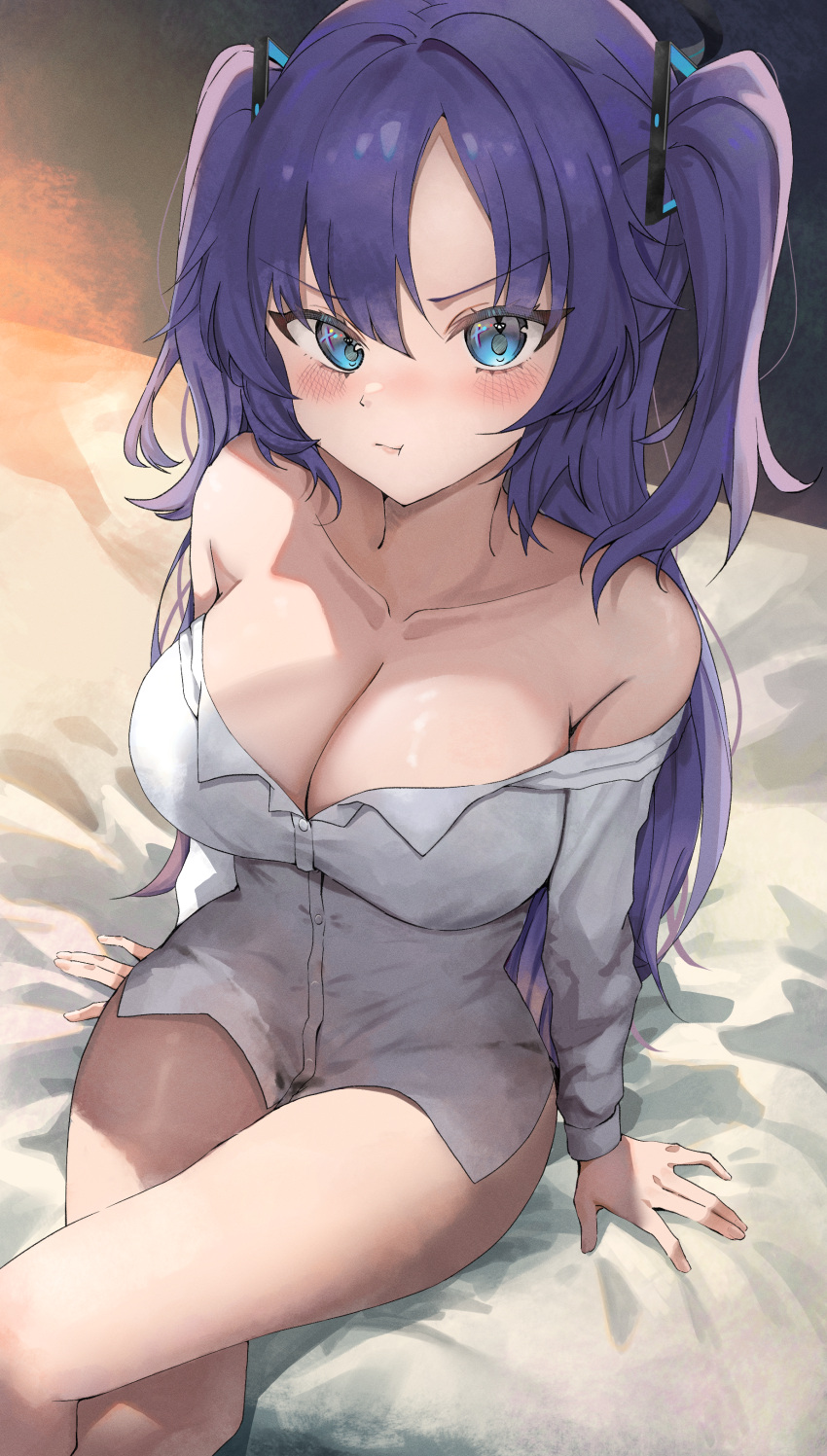 1girl absurdres angel_setsuna bed_sheet blue_archive blue_eyes blush breasts buttons cleavage closed_mouth collarbone collared_shirt crossed_legs feet_out_of_frame highres large_breasts long_hair long_sleeves looking_at_viewer no_pants pout purple_hair shirt sitting solo white_shirt yuuka_(blue_archive)