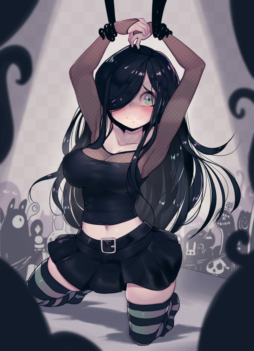 1girl absurdres aria_wintermint arms_up black_hair blush breasts cleavage green_eyes hair_over_one_eye highres kneeling large_breasts long_hair midriff navel nervous_smile paid_reward parororo patreon_reward restrained skindentation smile solo striped striped_legwear sweat tank_top tentacles the_crawling_city thighhighs