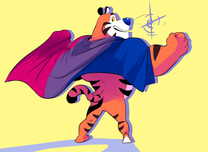 2019 anthro bisexual_pride_flag blue_nose felid frosted_flakes fur hi_res kellogg's male mammal mascot muscular pantherine plum_(artist) pride_colors solo stripes tiger tony_the_tiger