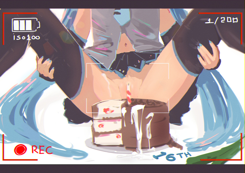 1girl battery_indicator birthday birthday_cake black_skirt black_sleeves black_thighhighs blue_hair blue_nails blue_necktie cake candle censored commentary convenient_censoring cum cum_on_food cum_on_legs detached_sleeves english_commentary feet_out_of_frame female_pubic_hair food grey_vest hatsune_miku head_out_of_frame highres hottodg letterboxed long_hair midriff_peek mosaic_censoring navel necktie no_panties pleated_skirt pubic_hair simple_background sitting skirt solo spread_legs thighhighs twintails very_long_hair vest viewfinder vocaloid white_background