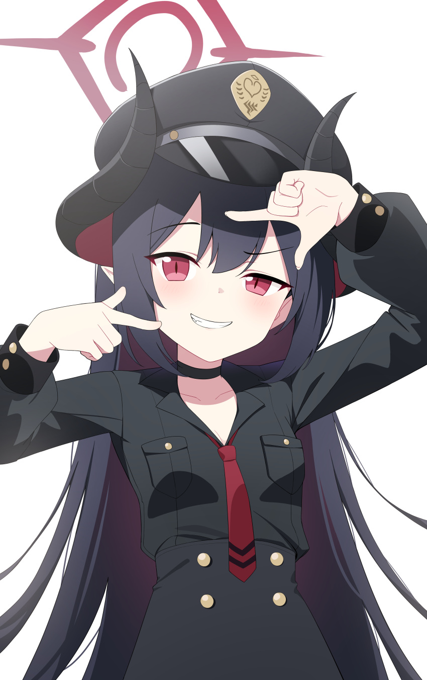 1girl absurdres black_choker black_hair black_headwear black_horns black_shirt black_skirt blue_archive blush breasts chiaki_(blue_archive) choker cleavage collarbone demon_horns grin halo hat highres horns long_hair long_sleeves looking_at_viewer momip peaked_cap pointy_ears red_eyes red_halo shirt simple_background skirt smile solo very_long_hair white_background