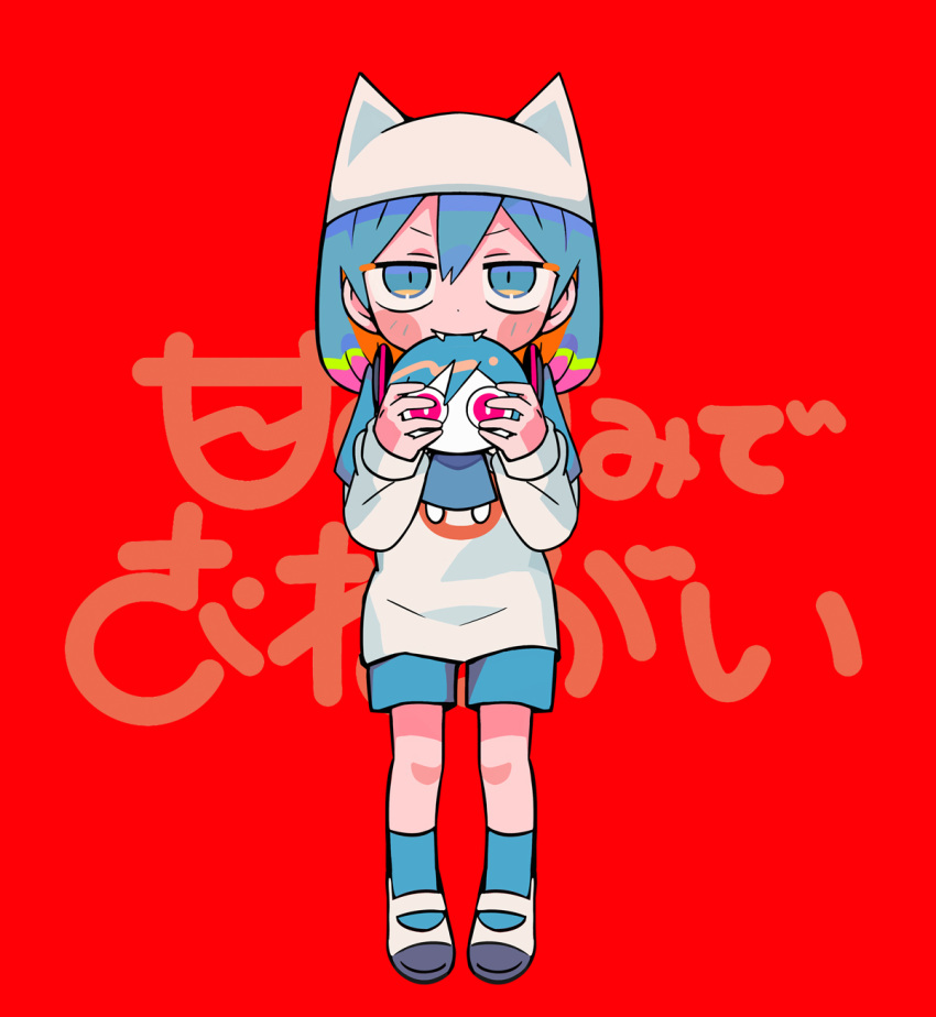 1girl aimaina amagami_de_onegai_(vocaloid) animal_ear_headwear biting black_outline blue_eyes blue_hair blue_shorts blue_socks blush_stickers fangs hair_between_eyes highres holding looking_at_viewer multiple_girls official_art outline print_shirt red_background sandals shirt shorts socks standing terada_tera text_background white_footwear white_shirt