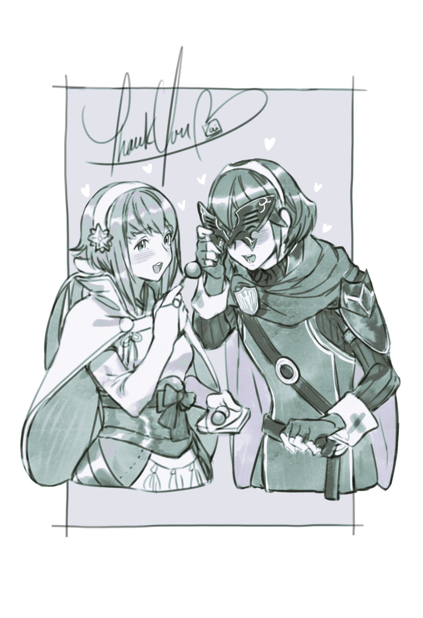 2girls commission commissioner_upload fingerless_gloves fire_emblem fire_emblem:_kakusei fire_emblem_heroes fire_emblem_if gloves hairband highres japanese_clothes krazehkai long_sleeves lucina mask monochrome multiple_girls open_mouth sakura_(fire_emblem_if) short_hair tiara upper_body