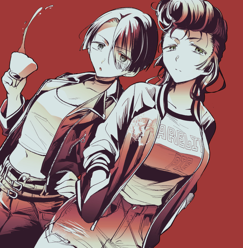 2girls absurdres belt casual choker closed_mouth clothes_writing cropped_shirt cup cutoffs denim denim_shorts dutch_angle earrings frown girls_und_panzer glaring hair_over_one_eye half-closed_eyes hands_in_pockets highres holding holding_cup jacket jewelry koyama_harutarou leather leather_jacket letterman_jacket long_sleeves midriff monochrome multiple_belts multiple_girls navel open_clothes open_jacket open_mouth pants red_thighhighs shirt short_hair shorts side-by-side spilling stud_earrings teacup thighhighs vanilla_(girls_und_panzer) yuri_(girls_und_panzer)