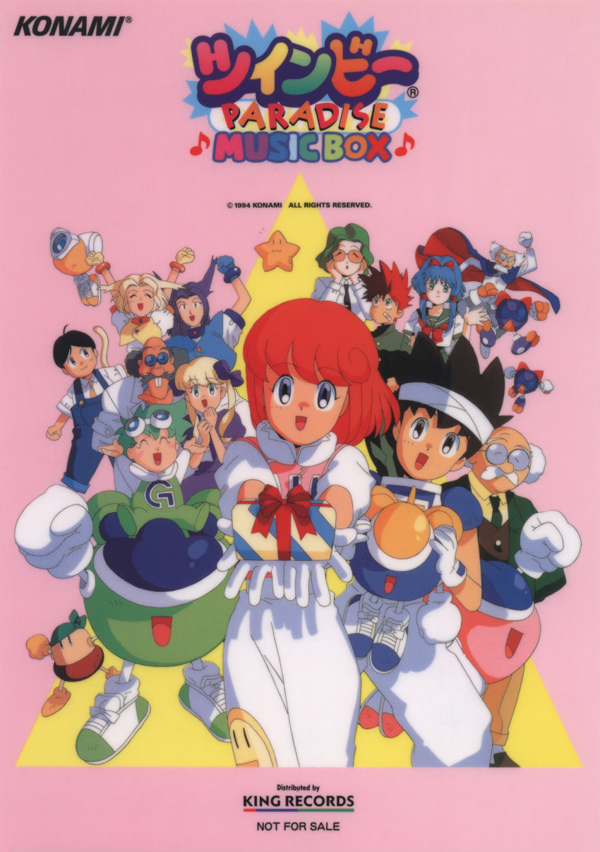 1990s_(style) 6+boys 6+girls ace_(twinbee) arms_up balding bandaid bandaid_on_face black_hair blonde_hair blue_eyes blue_hair box buck_teeth cape child company_name copyright_notice dress facial_hair gift gift_box gloves goggles goggles_on_head green_hair grey_hair hair_flaps headband highres holding holding_gift incoming_gift konami looking_at_viewer madoka_(twinbee) medium_hair monocle multiple_boys multiple_girls mustache not_for_sale old old_man outstretched_arms pastel_(twinbee) pink_background purple_hair red_hair retro_artstyle round_eyewear school_uniform semi-rimless_eyewear short_sleeves simple_background sunglasses suspenders teeth twinbee twintails white_gloves white_hair