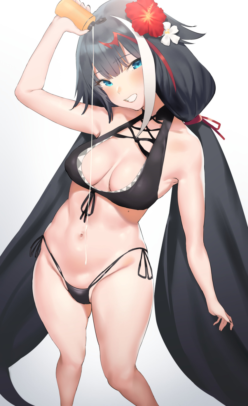 1girl arm_up azur_lane bangs bikini black_bikini black_hair black_nails blue_eyes blush bottle breasts collarbone commentary_request deutschland_(azur_lane) eyebrows_visible_through_hair flower front-tie_top gradient gradient_background hair_flower hair_ornament head_tilt highleg highleg_bikini highres holding holding_bottle long_hair looking_at_viewer lotion lotion_bottle low_twintails medium_breasts mole_on_body multicolored_hair navel nekoshoko parted_lips red_flower red_hair sexually_suggestive side-tie_bikini simple_background smile solo standing streaked_hair swimsuit teeth twintails very_long_hair white_background white_flower white_hair