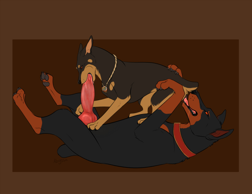 69_position abyssa anatomically_correct animal_genitalia animal_penis canid canine canine_penis canis digital_media_(artwork) dobermann domestic_dog duo erection female fur hi_res klaus knot lying male male/female mammal nude on_back open_mouth oral penis pinscher sex simple_background tongue tongue_out
