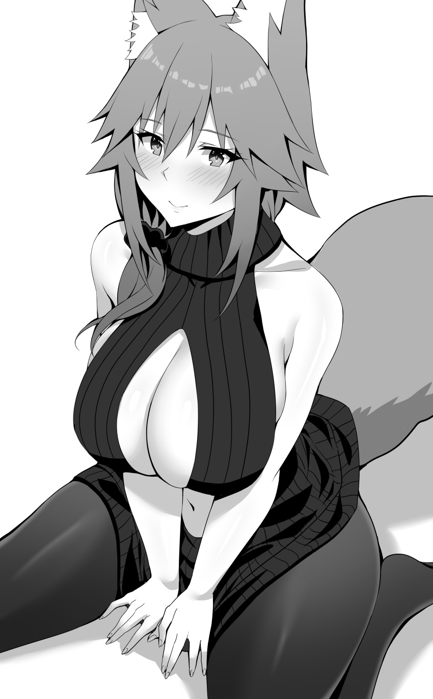 1girl absurdres animal_ear_fluff animal_ears arind_yudha backless_outfit bare_shoulders breasts fate/extra fate_(series) fox_ears fox_girl fox_tail greyscale hair_between_eyes highres large_breasts long_hair looking_at_viewer meme_attire monochrome navel pantyhose sideboob sidelocks sitting smile solo tail tamamo_(fate) tamamo_no_mae_(fate/extra) virgin_killer_sweater wariza