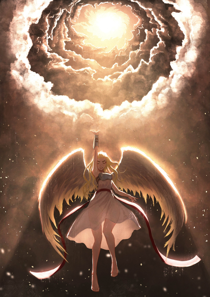 1girl absurdres angel angel_wings arm_up armor armpits ass_visible_through_thighs backlighting bare_legs bare_shoulders barefoot blonde_hair breastplate breasts buckle clip_studio_paint_(medium) closed_eyes cloud cloudy_sky commentary dress english_commentary faux_traditional_media feathered_wings floating_hair flying from_below full_body glowing highres legs_apart light light_particles light_rays long_hair medium_breasts original outstretched_arm red_ribbon ribbon sash see-through see-through_dress sky sleeveless sleeveless_dress solo spread_wings sun sunbeam sunlight tbocart white_dress white_wings wings