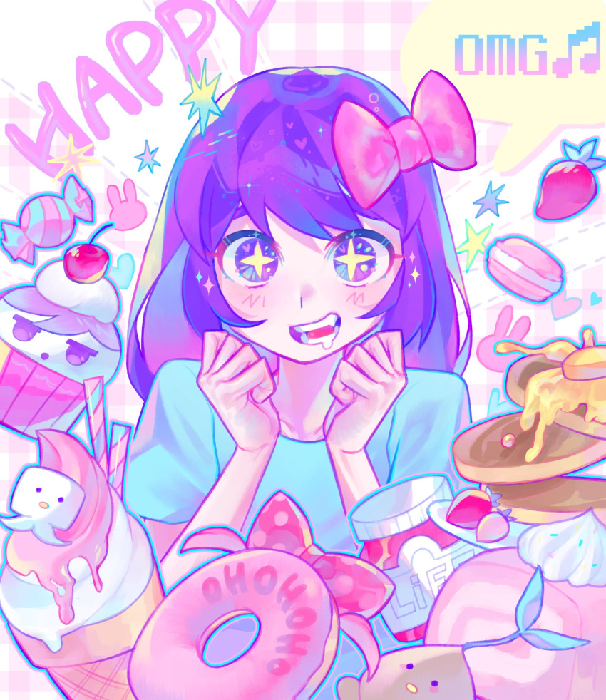 +_+ 1girl aubrey_(omori) blue_shirt bow cake cake_slice candy clenched_hands cupcake doughnut drooling food fruit hair_bow hashtag_only_commentary highres ice_cream_cone iro_(mywife_sunny) jar light_blush long_hair macaron omori open_mouth pale_skin pancake pancake_stack pink_background pink_bow plaid plaid_background purple_eyes purple_hair shirt solo sparkle sprout_mole strawberry