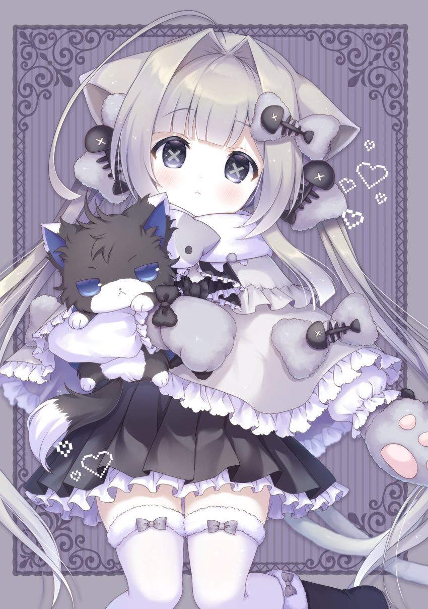 1girl absurdres animal_ears black_dress black_hair blush bow capelet commission copyright_request dress fish_bone frilled_capelet frills grey_capelet grey_eyes grey_hair hair_bow hair_intakes heart highres kemamire long_hair long_sleeves scarf skeb_commission solo symbol-shaped_pupils thighhighs twintails very_long_hair virtual_youtuber white_scarf white_thighhighs x-shaped_pupils
