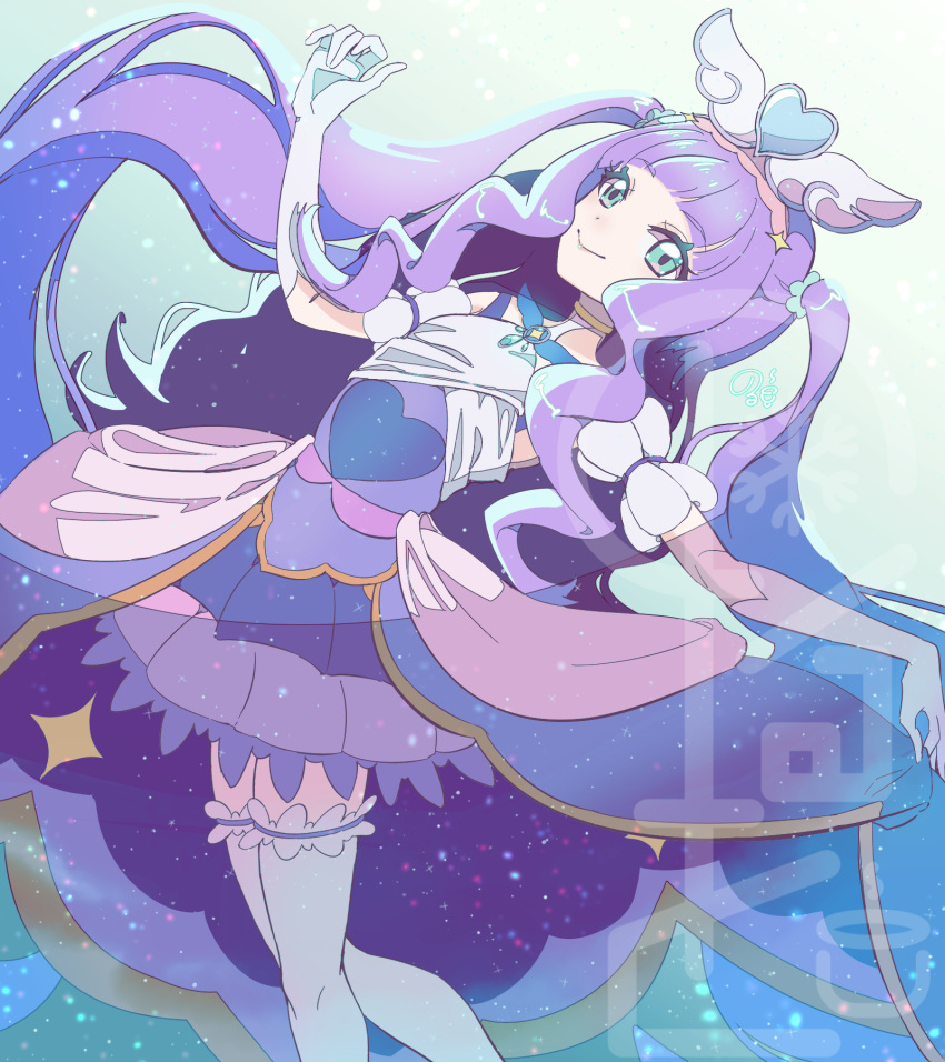 1girl aqua_eyes brooch clothing_cutout commentary cure_majesty dress ellee-chan gloves hair_tie half-dress heart highres hirogaru_sky!_precure jewelry leaning_back long_hair looking_at_viewer magical_girl medium_dress miniskirt norwo724 precure purple_dress purple_hair purple_skirt short_sleeves shoulder_cutout sidelocks skirt skirt_hold solo standing thighhighs two_side_up very_long_hair white_gloves white_thighhighs wing_brooch wing_hair_ornament