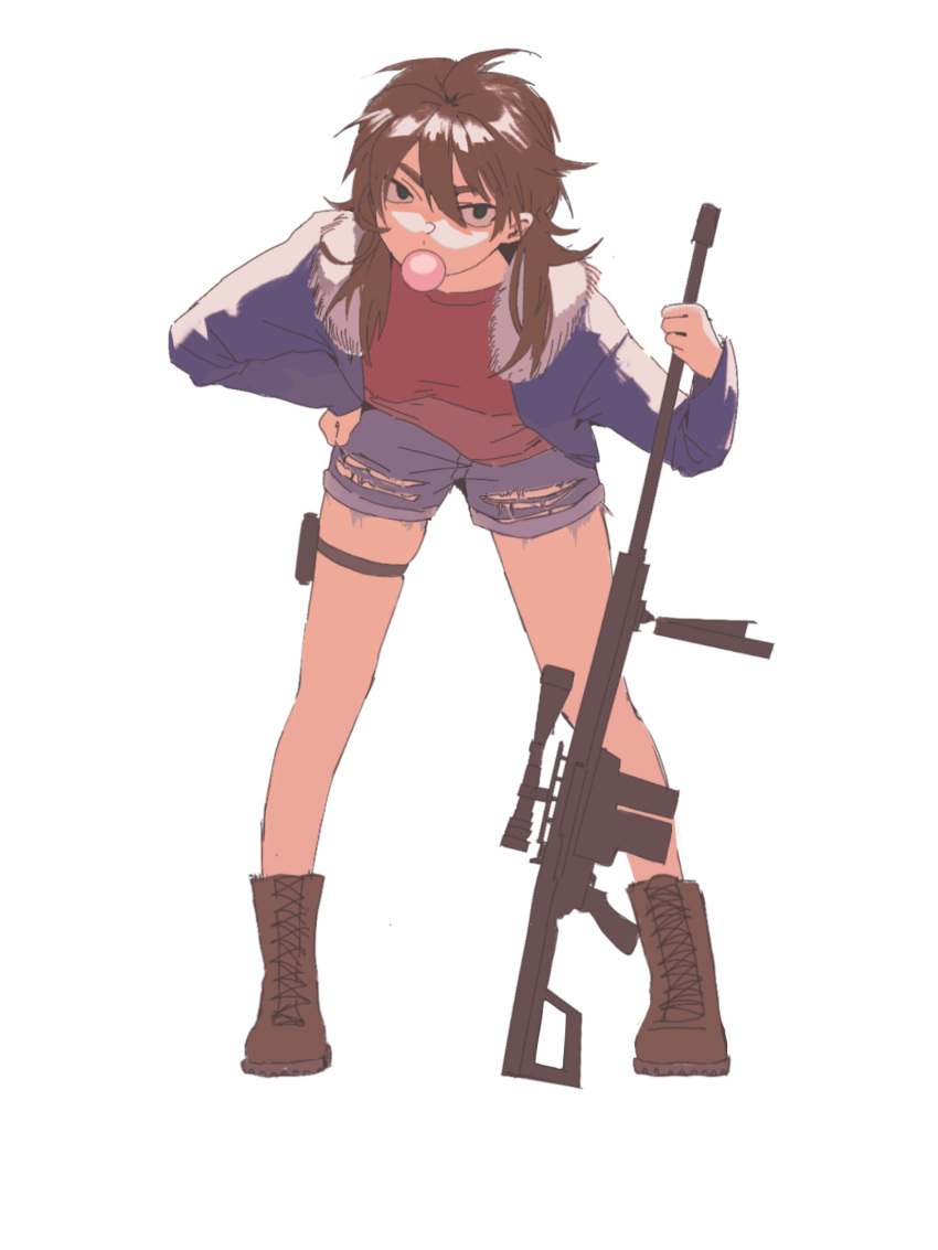 1girl ahoge blue_jacket blue_shorts boots breasts brown_footwear brown_hair bubble_blowing chinese_commentary commentary_request denim denim_shorts full_body fur-trimmed_jacket fur_trim genderswap genderswap_(mtf) green_eyes gun hair_between_eyes hand_on_own_hip highres holding holding_gun holding_weapon isoi_reiji jacket leaning_forward long_hair long_sleeves medium_breasts open_clothes open_jacket red_shirt saibou_shinkyoku sanpaku shirt shiti shorts simple_background solo weapon white_background