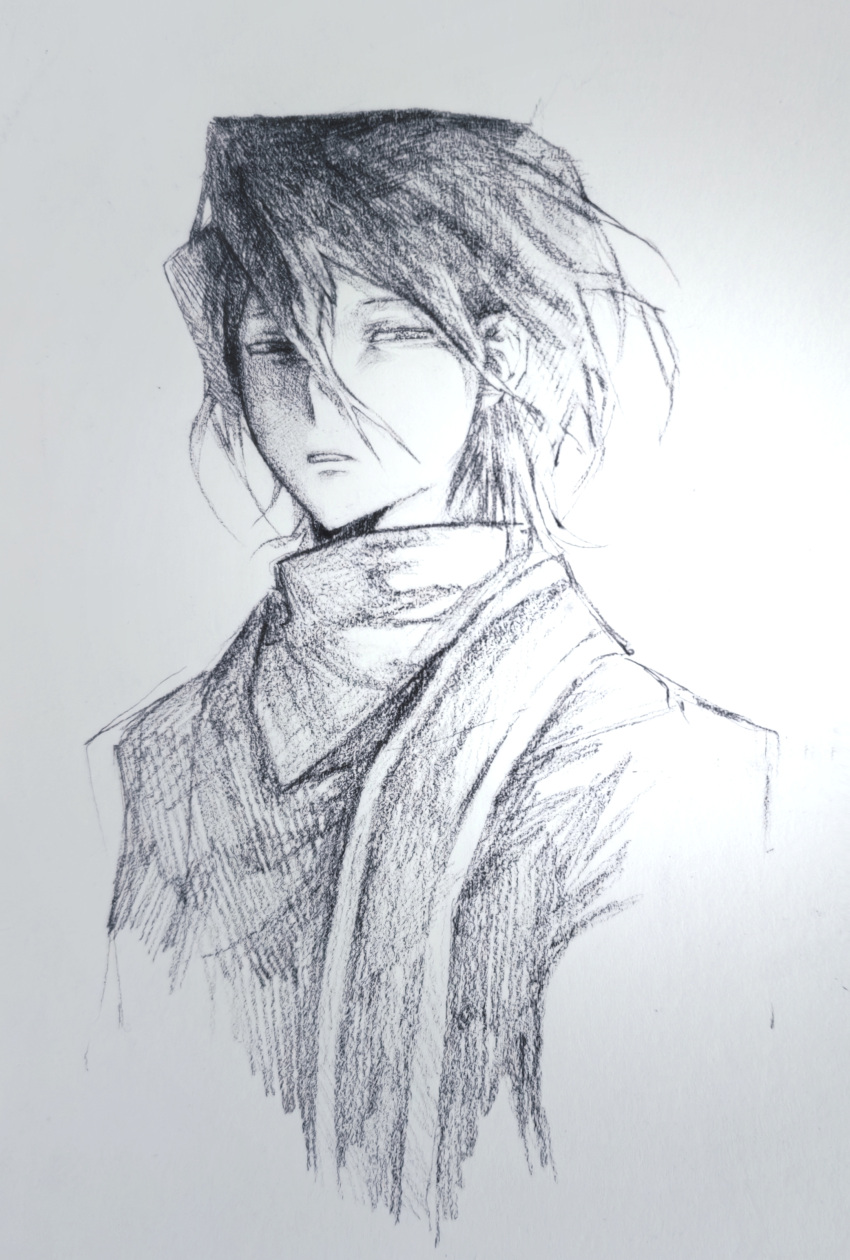 1boy absurdres chi_cheng graphite_(medium) greyscale hair_between_eyes highres looking_at_viewer male_focus monochrome narrowed_eyes parted_lips portrait saibou_shinkyoku shirt short_hair simple_background sketch solo stole traditional_media utsugi_noriyuki white_background