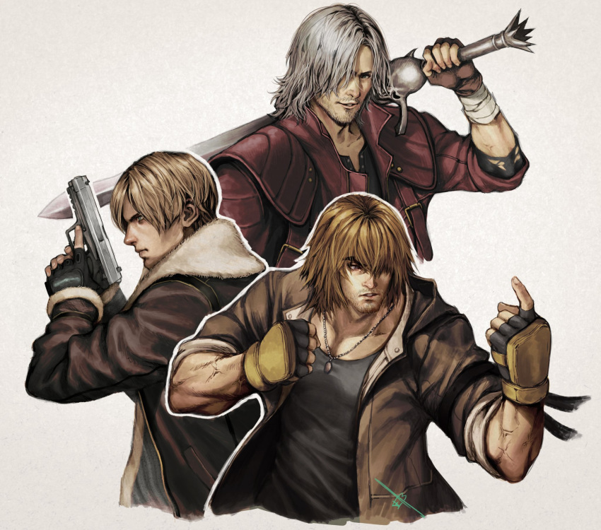 3boys bandaged_arm bandages black_shirt blonde_hair brown_coat brown_gloves brown_hair brown_jacket capcom clenched_hand closed_mouth coat collarbone commentary company_connection cropped_torso dante_(devil_may_cry) devil_may_cry_(series) devil_may_cry_5 ericson_blum facial_hair fingerless_gloves fur-trimmed_coat fur_trim gloves grey_hair gun hair_over_one_eye handgun highres holding holding_gun holding_sword holding_weapon jacket jewelry ken_masters leon_s._kennedy male_focus medium_hair multiple_boys necklace parted_lips red_jacket resident_evil resident_evil_4 resident_evil_4_(remake) shirt short_hair simple_background street_fighter sword weapon white_background