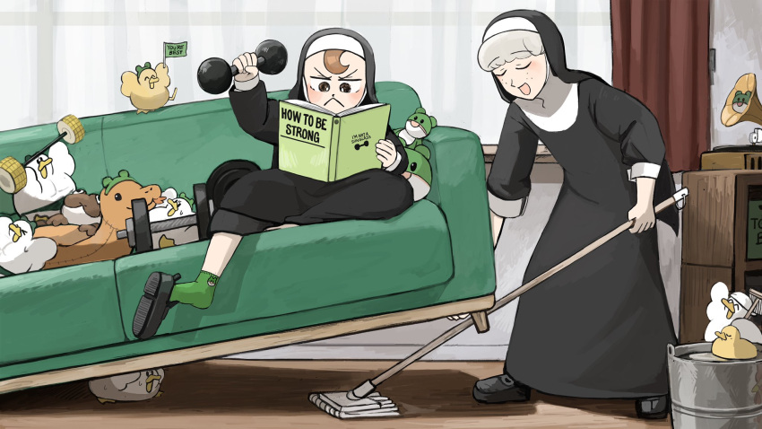 2girls :&lt; :d bird black_footwear book brown_eyes brown_hair bucket chicken cleaning closed_eyes couch diva_(hyxpk) duck duckling dumbbell english_commentary freckles frog_headband froggy_nun_(diva) green_socks grey_hair habit highres little_nuns_(diva) multiple_girls nun phonograph reading sheep_nun_(diva) smile socks stuffed_animal stuffed_frog stuffed_snake stuffed_toy traditional_nun