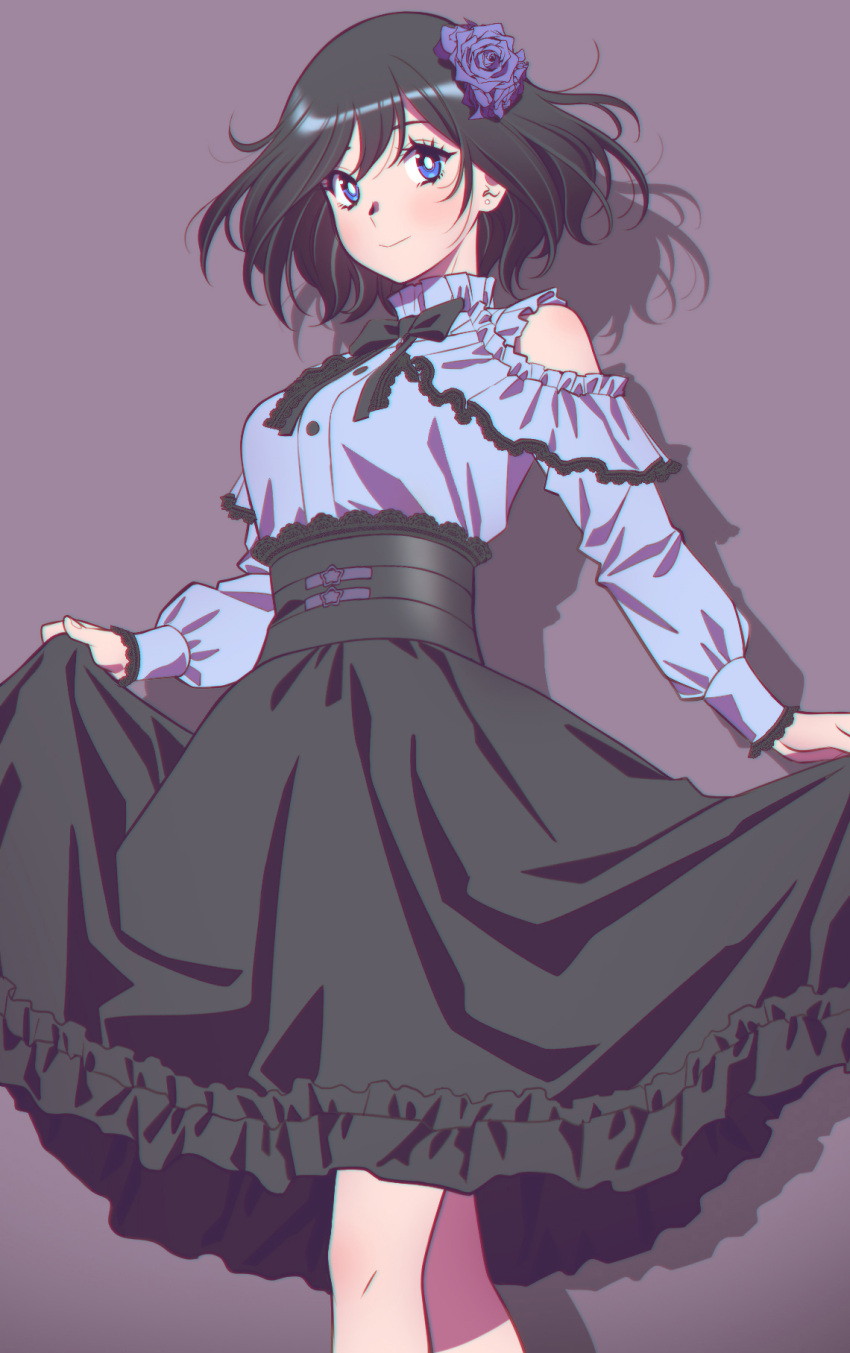 1girl akagi-san_who_always_smells_good akagi_naoka andrian_januar_adilia black_bow black_bowtie black_hair black_skirt blue_eyes blue_shirt bow bowtie breasts closed_mouth clothing_cutout commentary english_commentary flower frilled_shirt frills hair_flower hair_ornament highres jirai_kei long_sleeves looking_at_viewer medium_breasts purple_background shadow shirt short_hair shoulder_cutout sidelocks skirt skirt_hold solo standing swept_bangs upper_body