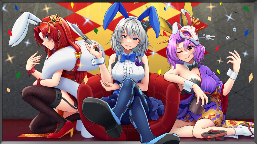 animal_ears bare_shoulders black_leotard blue_eyes blue_nails blue_skirt bow braid breasts cleavage commission crossed_legs dice fake_animal_ears fishnet_thighhighs fishnets fox_mask garter_straps geta grey_hair hair_bow hair_intakes hair_ornament hair_stick high_heels high_ponytail highres holding holding_knife hong_meiling izayoi_sakuya japanese_clothes kimono knife komakusa_sannyo komakusa_sannyo_(bunny_rainbow_dragon_cave_guard) leotard looking_at_viewer mask mask_on_head orange_eyes playboy_bunny print_kimono purple_kimono red_hair red_nails sitting skeb_commission skirt smile socks star_(symbol) star_hair_ornament strapless strapless_leotard tabi tatsu_toyoyo thighhighs touhou touhou_lost_word twin_braids white_socks