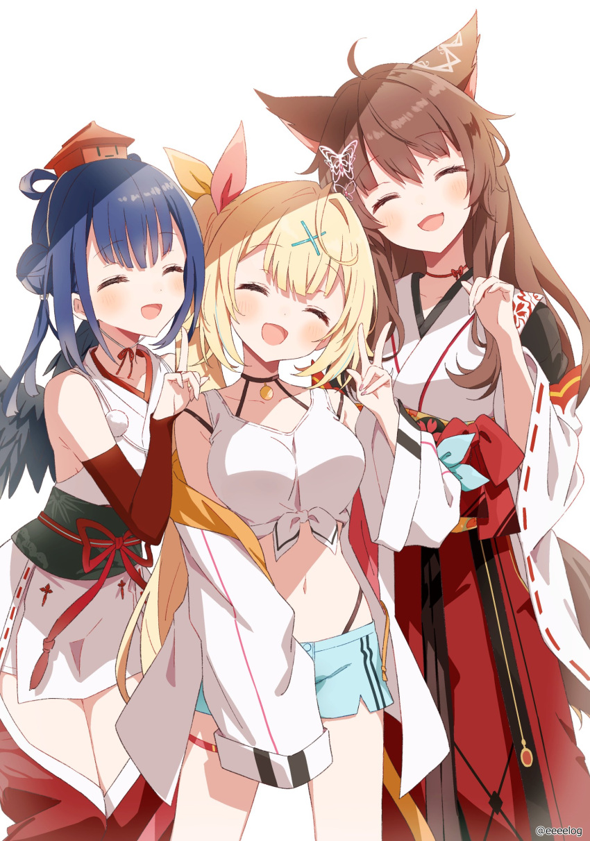 3girls absurdres animal_ear_fluff animal_ears artist_name bare_shoulders black_wings blonde_hair blue_shorts blunt_bangs blush bow-shaped_hair bra_strap breasts brown_hair brown_sleeves closed_eyes collarbone commentary_request cropped_legs detached_pants dot_nose double_bun elbow_sleeve facing_viewer feathered_wings fox_ears fox_girl fox_tail fumi_(1st_costume)_(nijisanji) fumi_(nijisanji) h_(eitilog) hair_between_eyes hair_bun hair_ornament hakama hakama_skirt hat highleg highleg_panties highres hoshikawa_sara hoshikawa_sara_(1st_costume) index_finger_raised jacket japanese_clothes kimono large_breasts long_hair long_sleeves medium_breasts midriff miko multiple_girls navel nijisanji obi obiage obijime off_shoulder open_mouth orihimeboshi_(nijisanji) panties red_headwear red_ribbon red_skirt ribbon sash shirt short_kimono short_shorts shorts side_ponytail simple_background skirt sleeveless sleeveless_kimono smile stomach tail tank_top tengu thighs tied_shirt tokin_hat twintails twitter_username underwear v-shaped_eyebrows virtual_youtuber w white_background white_jacket white_kimono white_tank_top wide_sleeves wings x_hair_ornament yamagami_karuta yamagami_karuta_(1st_costume)