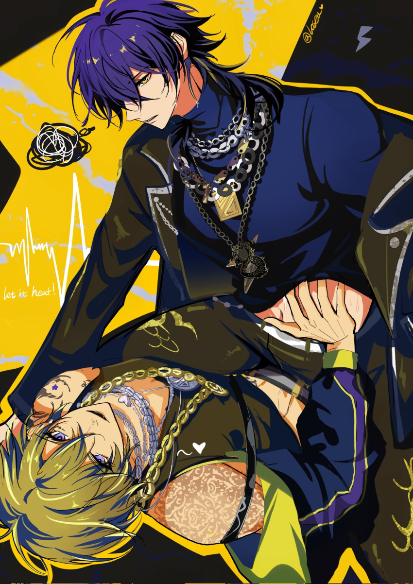 2boys arm_tattoo black_background blonde_hair blue_hair buraikan_(paradox_live) hand_on_another's_stomach highres kuzuryu_chisei losea male_focus medium_hair midriff_peek multicolored_background multicolored_hair multiple_boys paradox_live purple_eyes shingu_haruomi short_hair tattoo twitter_username yaoi yellow_background yellow_eyes