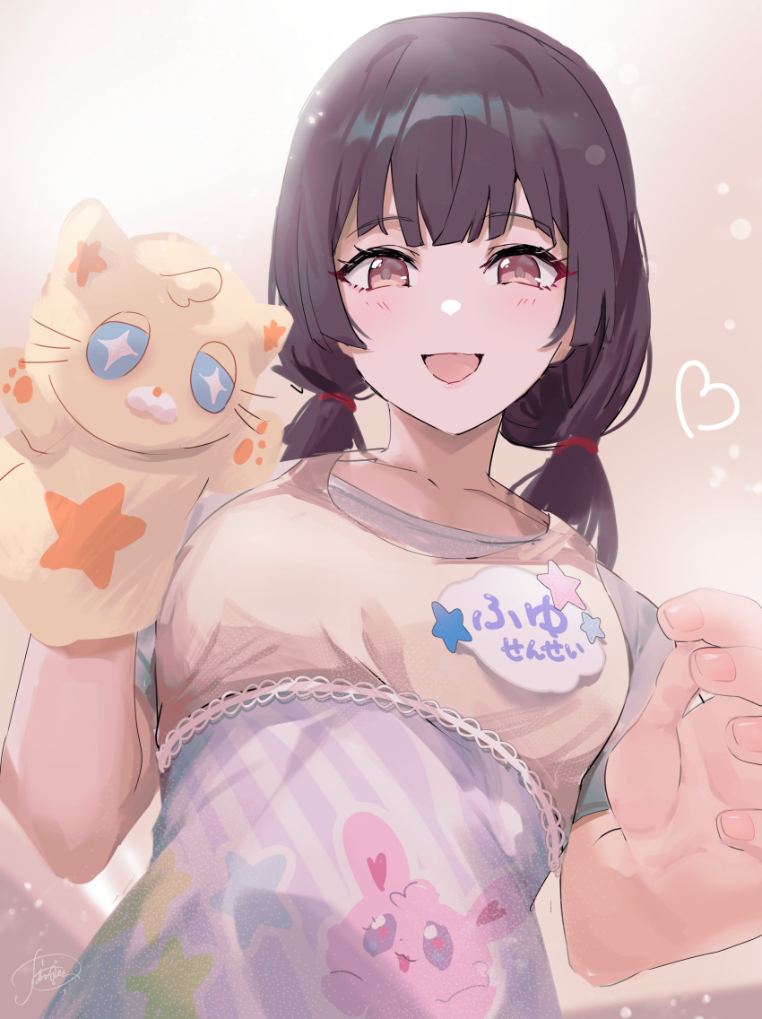 1girl absurdres alternate_hairstyle black_hair brown_eyes collarbone hand_puppet highres idolmaster idolmaster_shiny_colors light_blush long_hair looking_at_viewer low_twintails mayuzumi_fuyuko open_mouth powder_is_kona puppet purple_shirt shirt short_sleeves smile solo twintails upper_body variant_set