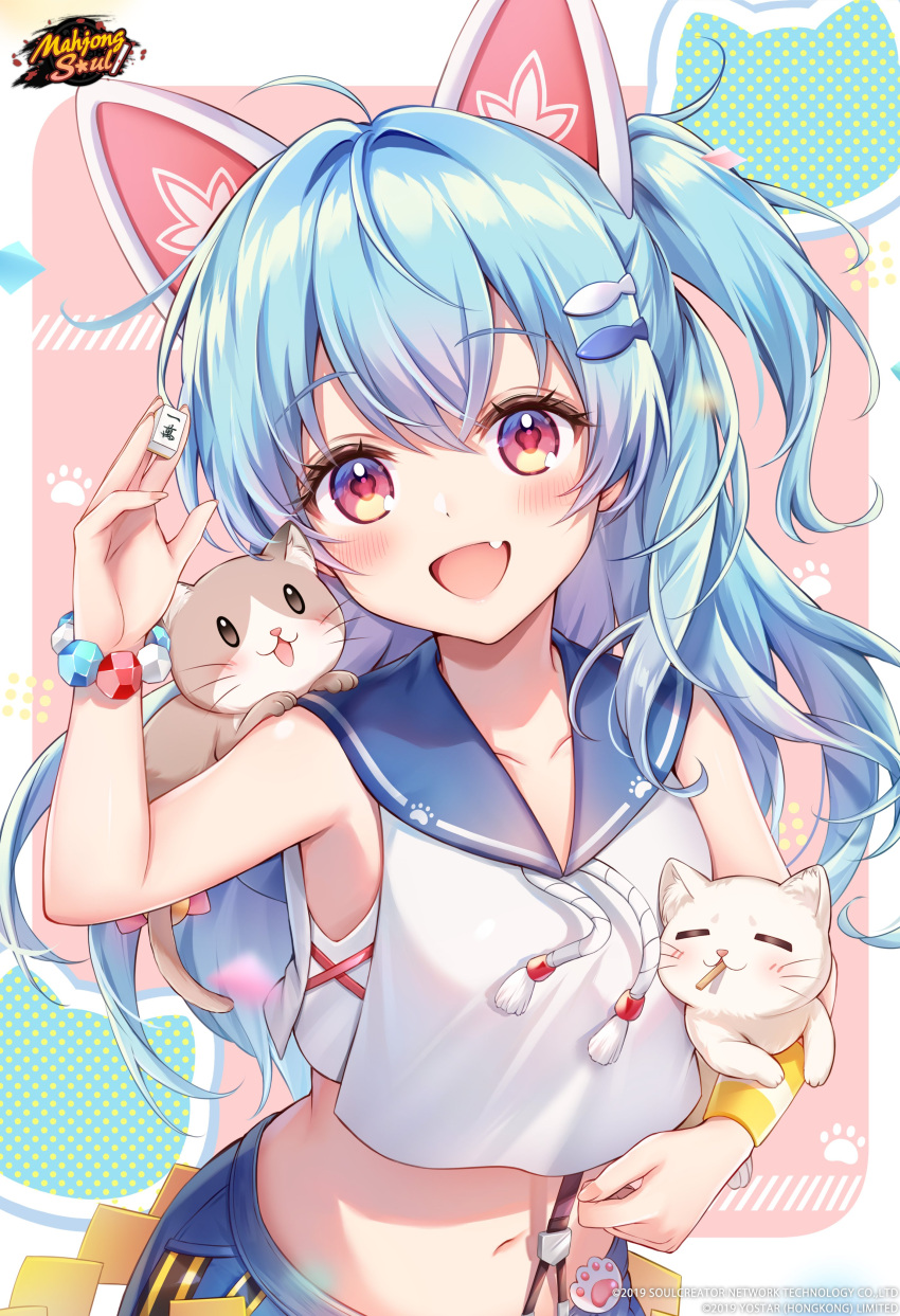 1girl :d absurdres ahoge amaki_ruto animal animal_ears blue_hair blush bracelet cat commentary english_commentary fake_animal_ears fang highres holding holding_animal holding_cat igarashi_haruna jewelry light_blue_hair logo looking_at_viewer mahjong_soul mahjong_tile medium_hair midriff navel official_art open_mouth sailor_collar side_ponytail skin_fang smile solo upper_body