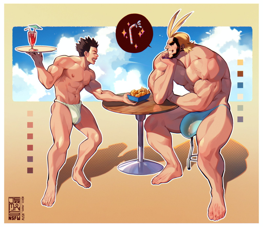 2boys abs all_might alternate_costume antenna_hair bara blonde_hair blue_male_swimwear blush boku_no_hero_academia brown_hair bulge cocktail_glass commission cup drinking_glass drinking_straw facing_another from_side fundoshi giving_food grin highres holding holding_tray japanese_clothes jezz_mons_art large_bulge large_pectorals male_focus male_swimwear mature_male multiple_boys muscular muscular_male nipples pectorals profile satou_rikidou see-through short_hair sitting smile sparkling_aura spiked_hair swim_briefs thick_eyebrows thick_thighs thighs topless_male tray veins veiny_arms waiter wet_male_swimwear yaoi