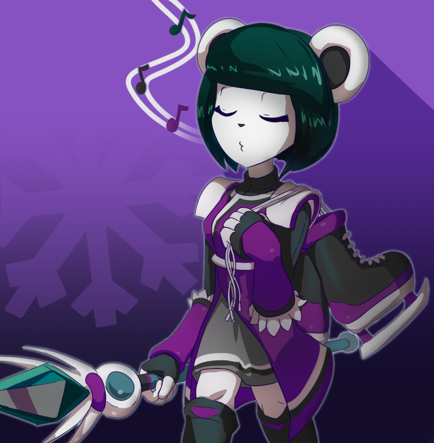 2019 anthro black_hair clothed clothing eyes_closed female giant_panda goshaag hair hi_res ice_skates mammal neera_li short_hair snowflake solo staff ursid