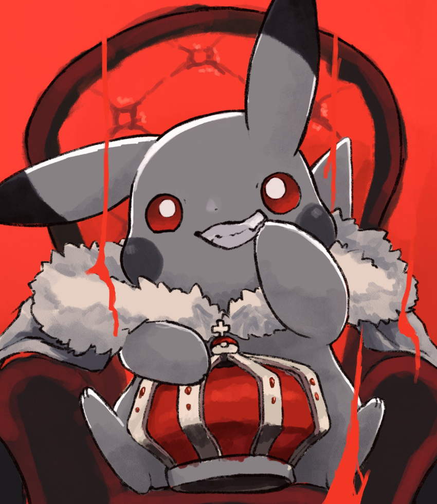 animal_ears blood cape chair cross crown highres king king_(vocaloid) misonikomiii no_humans pikachu poke_ball pokemon pokemon_(creature) red_eyes sitting solo tail