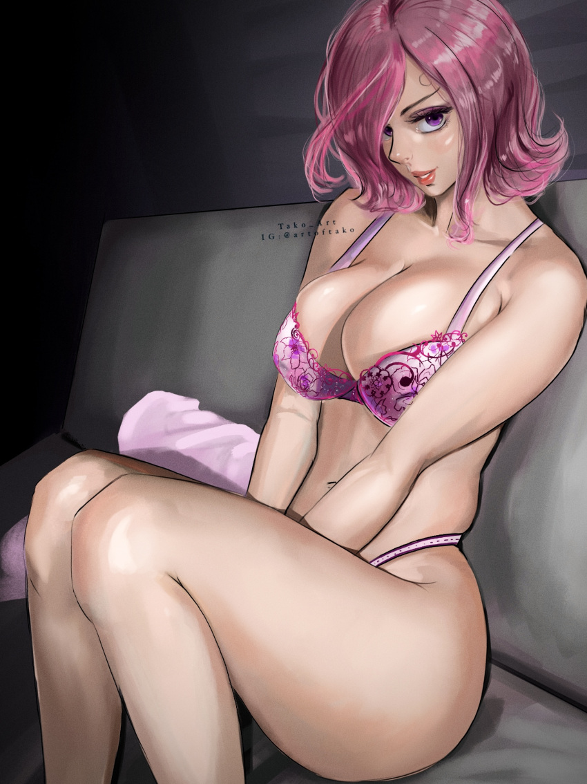 1girl absurdres artist_name bare_legs between_legs bra breasts couch hair_over_one_eye hand_between_legs highleg highleg_panties highres knees_up large_breasts looking_at_viewer navel on_couch one_piece panties pink_bra pink_hair pink_panties purple_eyes red_lips short_hair sitting smile solo stupidtako thighs underwear vinsmoke_reiju