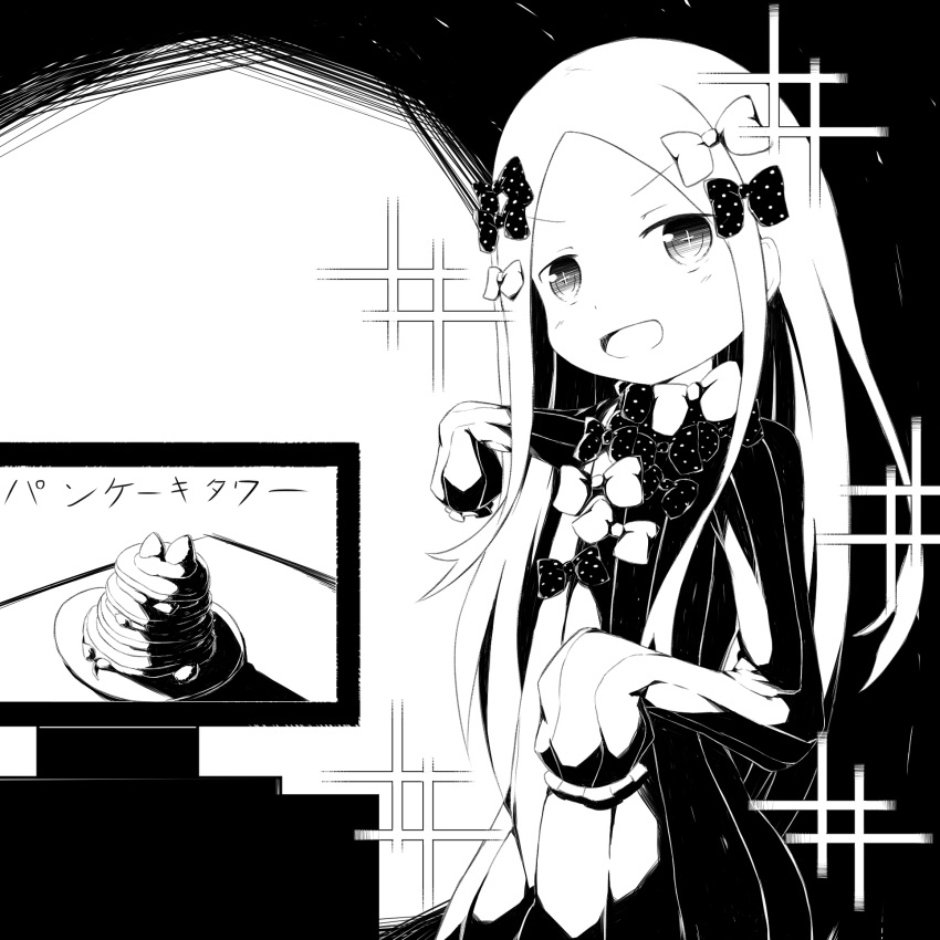 1girl :d abigail_williams_(fate/grand_order) bangs blush bow commentary_request dress fate/grand_order fate_(series) flat_screen_tv food forehead greyscale hair_bow highres long_sleeves monochrome no_hat no_headwear open_mouth outstretched_arm pancake parted_bangs plate polka_dot polka_dot_bow sleeves_past_fingers sleeves_past_wrists smile solo sparkle stack_of_pancakes su_guryu television translation_request v-shaped_eyebrows