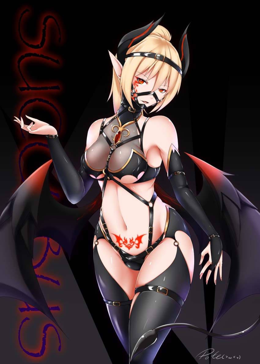 blonde_hair bondage_outfit bridal_gauntlets chest_jewel cowboy_shot demon_girl demon_horns demon_tail demon_wings elbow_gloves eyebrows_visible_through_hair facial_tattoo fang gloves gradient gradient_background harness high_ponytail highres horns inyuppo looking_at_viewer navel original pointy_ears pubic_tattoo red_eyes revealing_clothes simple_background skindentation slit_pupils succubus tail tattoo wings
