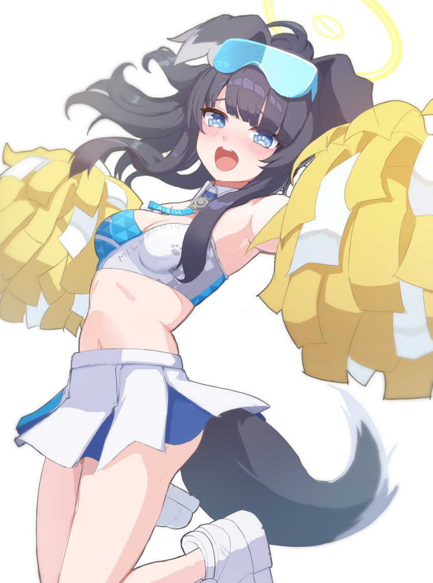 1girl :d animal_ears bare_shoulders black_hair blue_archive blue_eyes blush breasts cheering cheerleader crop_top dog_ears dog_girl dog_tail eyewear_on_head goggles goggles_on_head halo hibiki_(blue_archive) hibiki_(cheer_squad)_(blue_archive) highres holding holding_pom_poms kouki7912f long_hair looking_at_viewer midriff millennium_cheerleader_outfit_(blue_archive) navel official_alternate_costume open_mouth pleated_skirt pom_pom_(cheerleading) shoes simple_background skirt sleeveless smile sneakers solo standing standing_on_one_leg star_sticker sticker_on_arm sticker_on_face tail text_print white_background white_footwear white_skirt yellow_halo