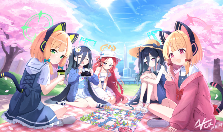 &lt;key&gt;_(blue_archive) 5girls absurdly_long_hair animal_ear_headphones animal_ears aris_(blue_archive) ass black_dress black_hair blonde_hair blue_archive blue_bow blue_cardigan blue_dress blue_halo blush bow building cardigan closed_eyes closed_mouth dated day dress fake_animal_ears game_development_department_(blue_archive) green_eyes green_halo hair_bow halo hat headphones highres long_hair midori_(blue_archive) momoi_(blue_archive) multiple_girls one_side_up open_cardigan open_clothes open_mouth orange_halo outdoors pink_cardigan pink_halo purple_eyes red_bow red_eyes red_hair shirt short_hair short_sleeves simple_background smile sun_hat very_long_hair white_bow white_dress white_headwear white_shirt yuzu_(blue_archive) zcx