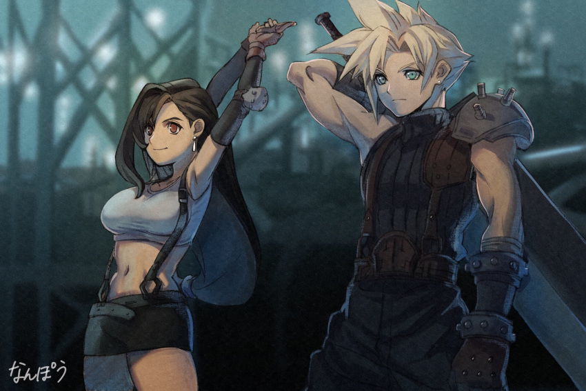 1boy 1girl arm_up armor armpits arms_up black_hair black_skirt black_sleeves blonde_hair blue_eyes blurry blurry_background breasts buster_sword closed_mouth cloud_strife cowboy_shot crop_top detached_sleeves earrings elbow_pads final_fantasy final_fantasy_vii fingerless_gloves gloves hair_behind_ear highres holding holding_sword holding_weapon jewelry large_breasts long_hair low-tied_long_hair midriff miniskirt nanpou_(nanpou0021) navel outstretched_arms red_eyes red_gloves short_hair shoulder_armor signature single_bare_shoulder single_earring single_elbow_pad single_sidelock skirt sleeveless sleeveless_turtleneck smile spiked_hair stretching stud_earrings suspender_skirt suspenders sweater swept_bangs sword tank_top teardrop_earrings tifa_lockhart turtleneck turtleneck_sweater weapon white_tank_top