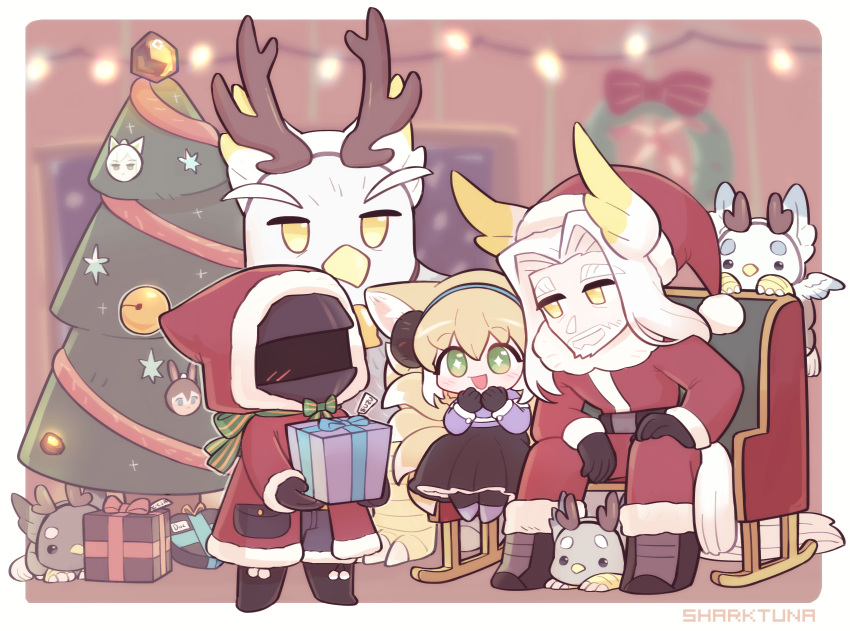 +_+ 1boy 1girl 1other absurdres alternate_costume animal_ears arknights artist_name beard bird_boy black_gloves black_skirt blonde_hair blue_hairband blurry blurry_background box christmas christmas_tree coat commentary doctor_(arknights) earmuffs english_commentary facial_hair fox_ears fox_girl fox_tail fur-trimmed_coat fur-trimmed_headwear fur-trimmed_hood fur-trimmed_sleeves fur_trim gift gift_box gloves green_eyes hairband hat head_wings hellagur_(arknights) highres hood hood_up jacket kitsune kyuubi long_hair long_skirt multiple_tails open_mouth pants purple_shirt red_coat red_headwear red_jacket red_pants santa_costume santa_hat sharktuna shirt sitting skirt suzuran_(arknights) tail white_hair wings yellow_eyes