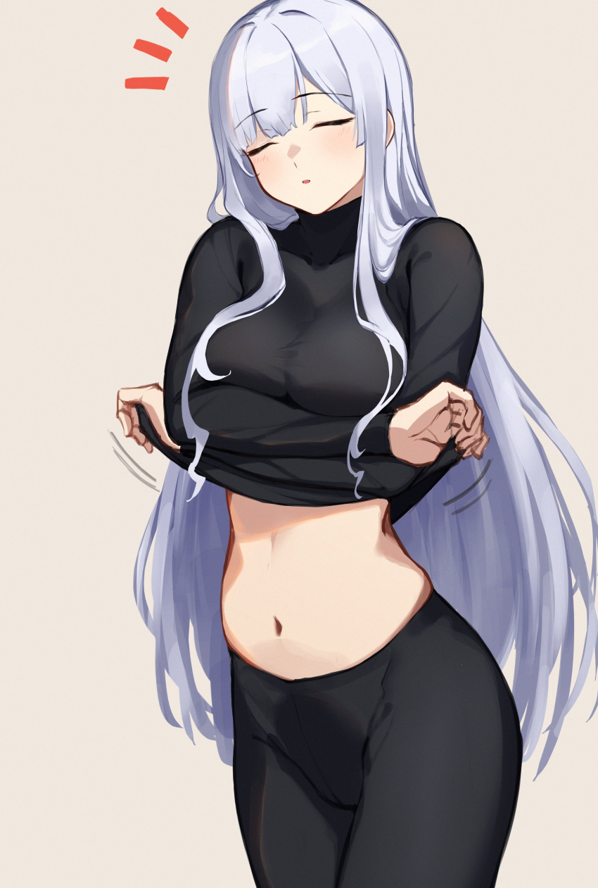 1girl 3_small_spiders absurdres ak-12_(girls'_frontline) black_pants black_shirt blush brown_background closed_eyes clothes_lift commentary_request cowboy_shot girls'_frontline highres long_hair long_sleeves navel pants parted_lips shirt shirt_lift simple_background solo stomach very_long_hair white_hair