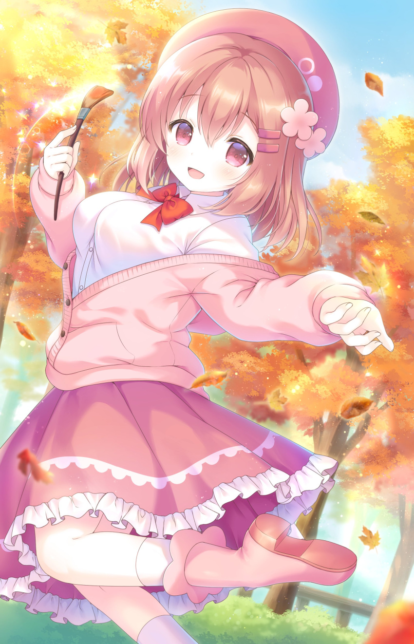 1girl absurdres autumn autumn_leaves beret boots bow bowtie brown_hair cardigan collared_shirt commission dress_shirt flower frilled_skirt frills hair_flower hair_ornament hat highres holding holding_paintbrush kemamire long_hair looking_at_viewer open_cardigan open_clothes open_mouth original paintbrush pink_cardigan pink_eyes pink_flower pink_footwear pink_headwear pink_skirt red_bow red_bowtie shirt skeb_commission skirt smile socks solo standing standing_on_one_leg white_shirt white_socks
