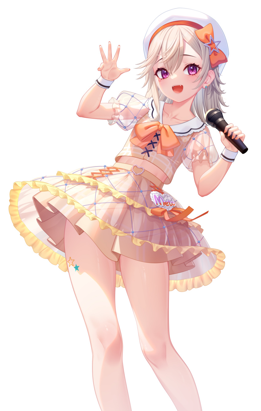 1girl :d absurdres bow earrings fangs frilled_skirt frills grey_hair hat hat_bow heart highres holding holding_microphone idol jewelry komori_met layered_skirt leaning_to_the_side looking_at_viewer medium_hair microphone miniskirt music nikichiho orange_bow orange_shirt orange_skirt pleated_skirt puffy_short_sleeves puffy_sleeves purple_eyes sailor_collar see-through see-through_sleeves shirt short_sleeves simple_background singing skirt skirt_set smile solo standing star_(symbol) stud_earrings thighs triangle_facial_mark virtual_youtuber vspo! white_background white_headwear white_sailor_collar wristband