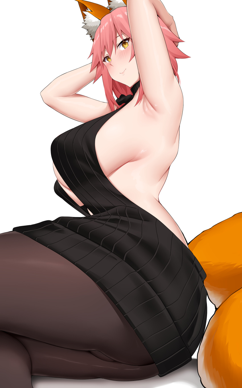 1girl absurdres animal_ear_fluff animal_ears arind_yudha armpits arms_up backless_outfit bare_shoulders black_sweater breasts brown_pantyhose fate/extra fate_(series) fox_ears fox_girl fox_tail hair_between_eyes highres large_breasts long_hair looking_at_viewer meme_attire pantyhose pink_hair sideboob sidelocks smile solo sweater tail tamamo_(fate) tamamo_no_mae_(fate/extra) virgin_killer_sweater yellow_eyes