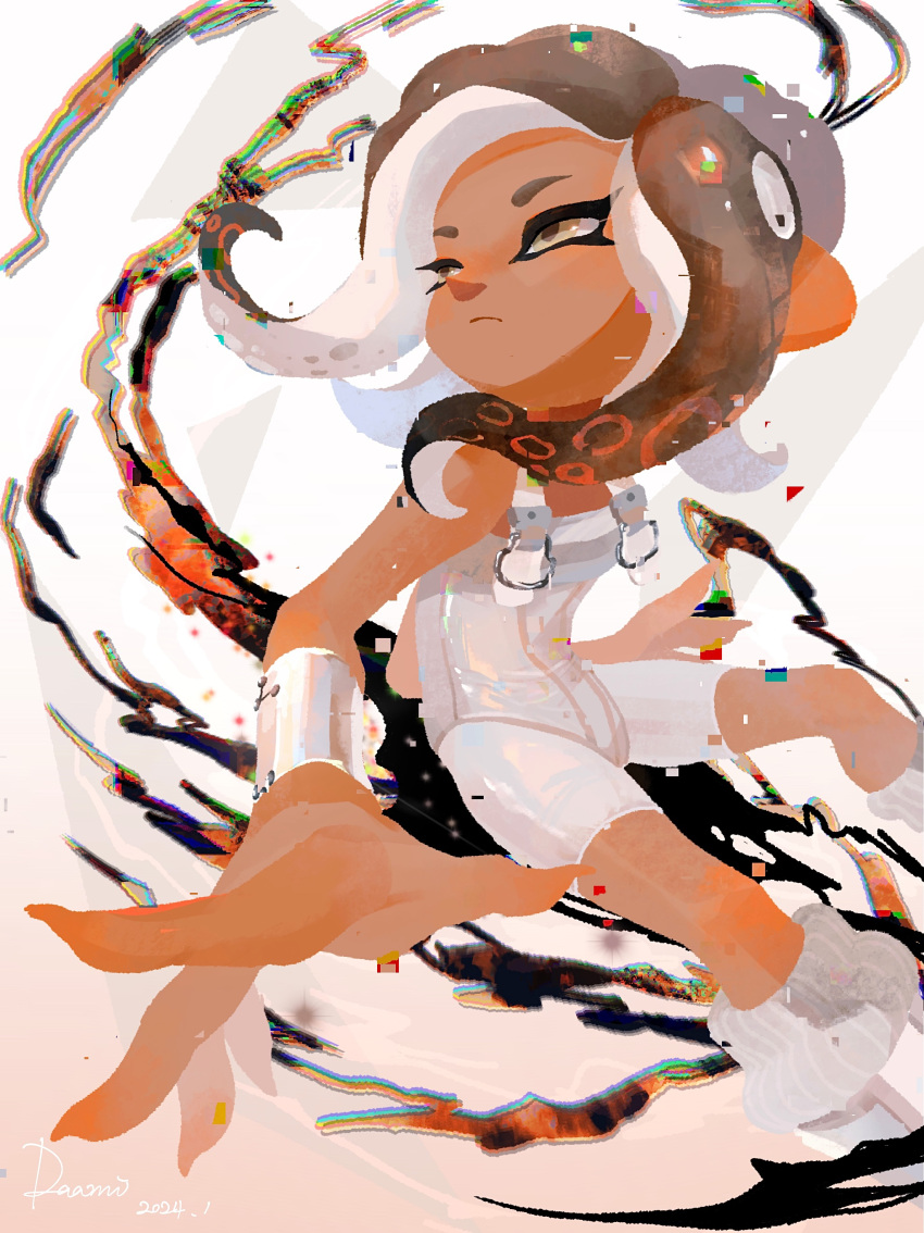 1girl absurdres agent_8_(splatoon) bodysuit brown_eyes brown_hair closed_mouth commentary daami_(daami2000) dark-skinned_female dark_skin eyelashes glitch highres medium_hair octoling octoling_girl octoling_player_character sleeveless sleeveless_bodysuit solo splatoon_(series) splatoon_3 splatoon_3:_side_order symbol-only_commentary tentacle_hair white_background white_bodysuit