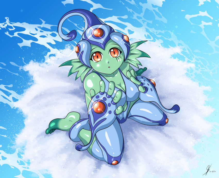 bandai_namco barefoot big_breasts breasts cleavage clothed clothing digimon digimon_(species) feet female green_body hi_res humanoid ranamon red_eyes sea solo souleatersaku90 water