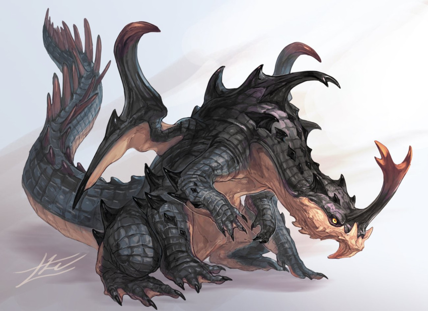 animal_focus beetle_horn chimera claws commentary dragon english_commentary from_side full_body grey_background horns monster multiple_legs no_humans original scales signature simple_background sitting solo spikes tail tusks wings yamamura_le yellow_eyes