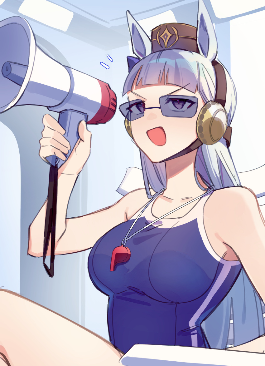 1girl absurdres animal_ears bare_shoulders blue_one-piece_swimsuit bow breasts brown_headwear commentary_request gold_ship_(umamusume) grey_hair highres holding holding_megaphone horse_ears horse_girl indoors jenshenya large_breasts lifeguard_chair long_hair megaphone one-piece_swimsuit open_mouth pillbox_hat purple_bow purple_eyes sitting smile solo sunglasses swimsuit tracen_swimsuit umamusume upper_body v-shaped_eyebrows very_long_hair whistle whistle_around_neck